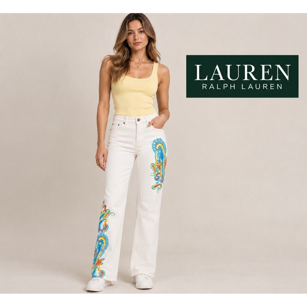 Ralph Lauren Jeans Women 8 White Watercolor Paisley Print Mid Rise Bootcut